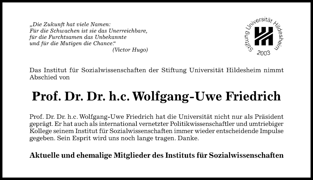  Traueranzeige für Wolfgang-Uwe Friedrich vom 24.06.2023 aus Hildesheimer Allgemeine Zeitung