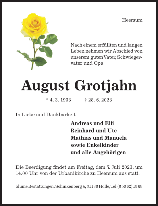 Traueranzeige von August Grotjahn von Hildesheimer Allgemeine Zeitung