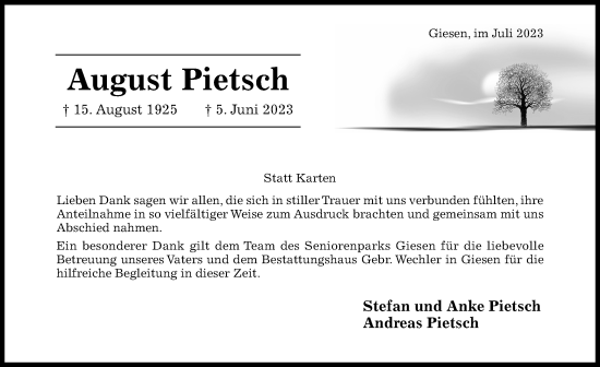 Traueranzeige von August Pietsch von Hildesheimer Allgemeine Zeitung