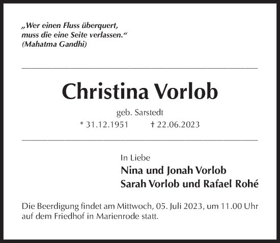 Traueranzeige von Christina Vorlob von Hildesheimer Allgemeine Zeitung