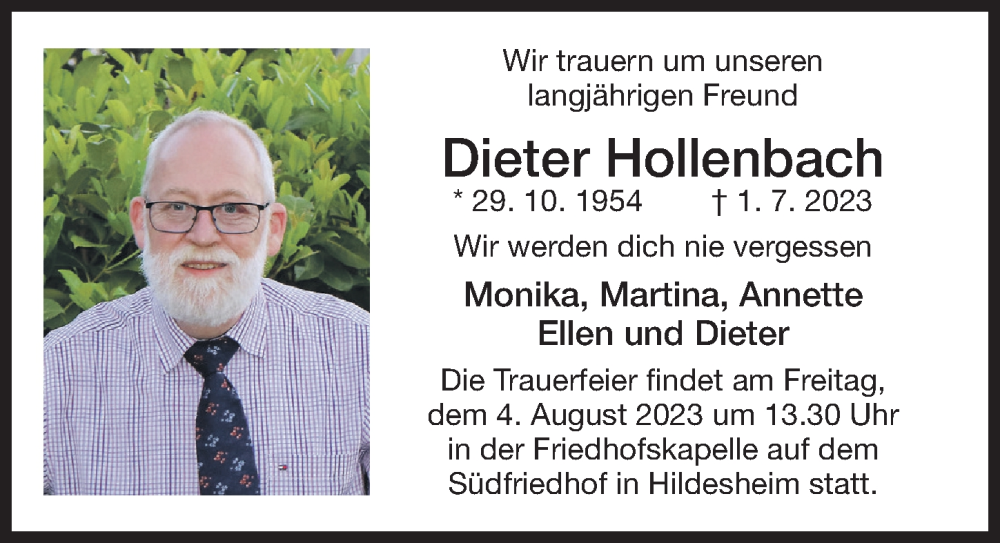 Traueranzeige für Dieter Hollenbach vom 26.07.2023 aus Hildesheimer Allgemeine Zeitung