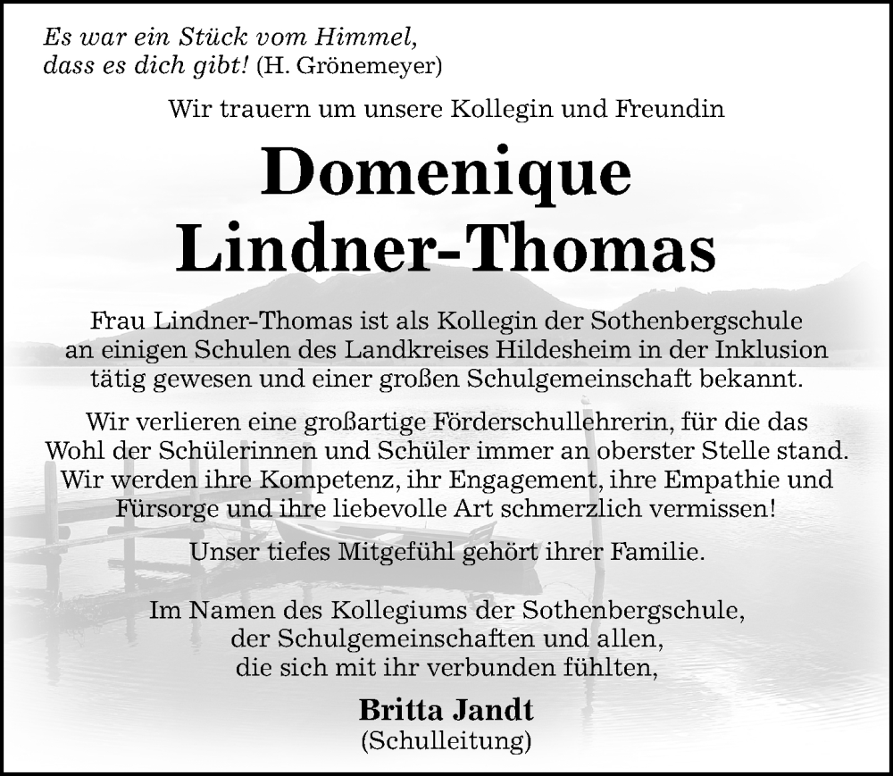  Traueranzeige für Domenique Lindner-Thomas vom 19.07.2023 aus Hildesheimer Allgemeine Zeitung