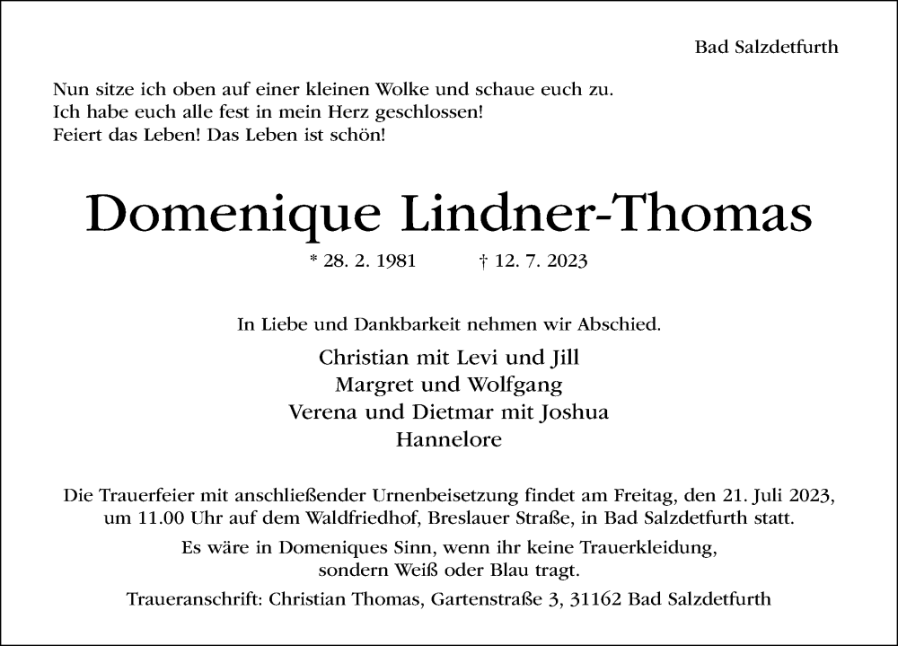  Traueranzeige für Domenique Lindner-Thomas vom 15.07.2023 aus Hildesheimer Allgemeine Zeitung