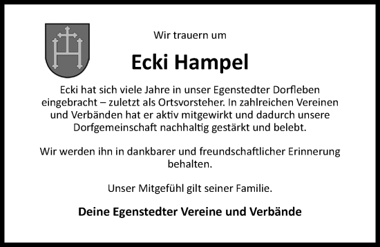 Traueranzeige von Ecki Hampel von Hildesheimer Allgemeine Zeitung