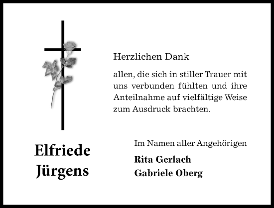 Traueranzeige von Elfriede Jürgens von Hildesheimer Allgemeine Zeitung