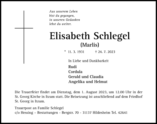 Traueranzeige von Elisabeth Schlegel von Hildesheimer Allgemeine Zeitung