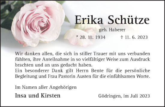 Traueranzeige von Erika Schütze von Hildesheimer Allgemeine Zeitung