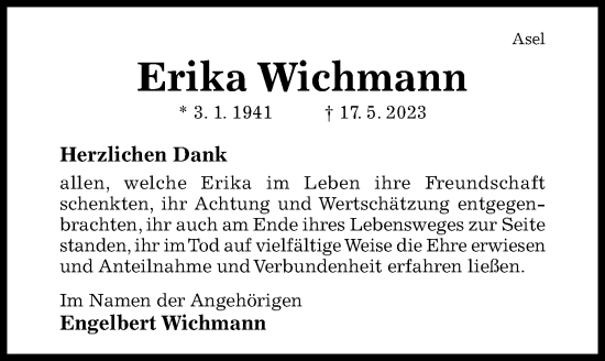 Traueranzeige von Erika Wichmann von Hildesheimer Allgemeine Zeitung