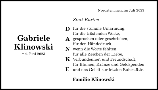 Traueranzeige von Gabriele Klinowski von Hildesheimer Allgemeine Zeitung