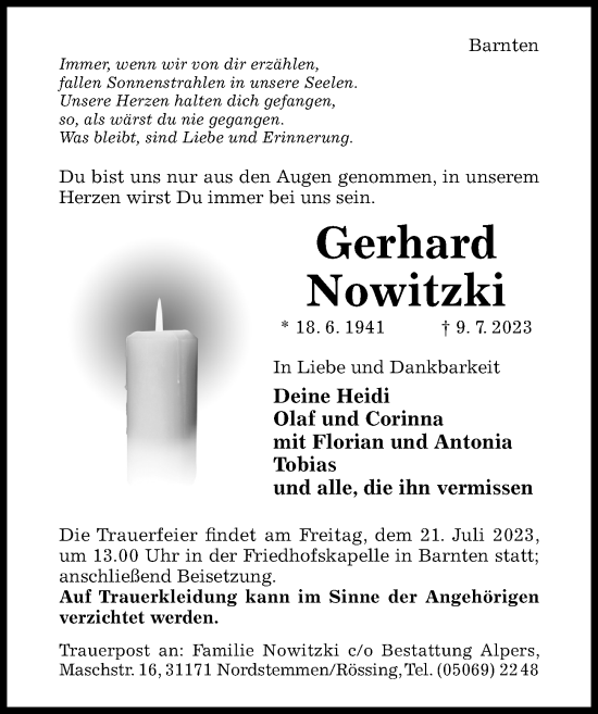 Traueranzeige von Gerhard Nowitzki von Hildesheimer Allgemeine Zeitung