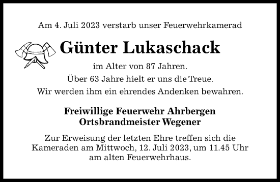 Traueranzeige von Günter Lukaschack von Hildesheimer Allgemeine Zeitung