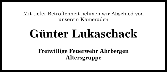 Traueranzeige von Günter Lukaschack von Hildesheimer Allgemeine Zeitung