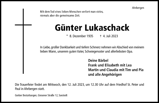 Traueranzeige von Günter Lukaschack von Hildesheimer Allgemeine Zeitung