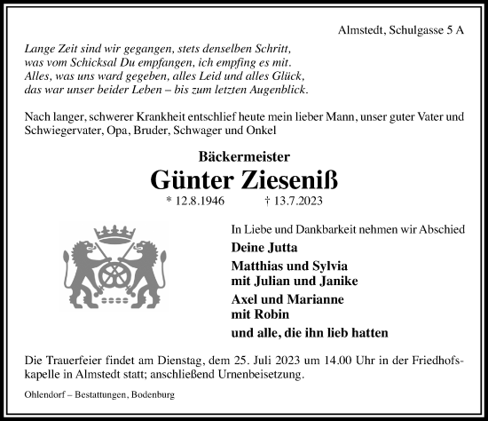 Traueranzeige von Günter Zieseniß von Hildesheimer Allgemeine Zeitung