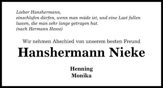 Traueranzeige von Hanshermann Nieke von Hildesheimer Allgemeine Zeitung