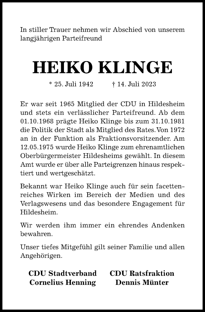  Traueranzeige für Heiko Klinge vom 25.07.2023 aus Hildesheimer Allgemeine Zeitung