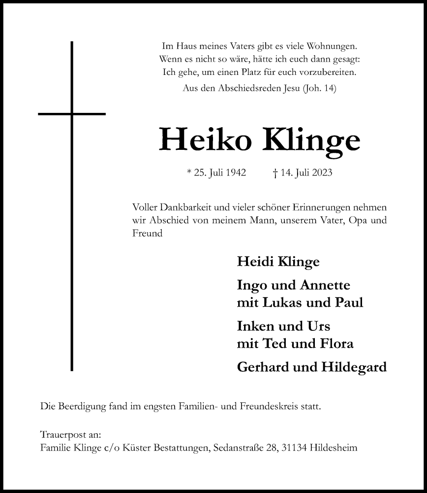  Traueranzeige für Heiko Klinge vom 22.07.2023 aus Hildesheimer Allgemeine Zeitung