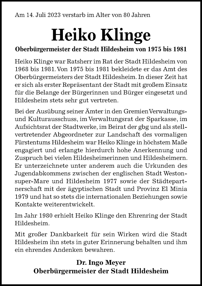  Traueranzeige für Heiko Klinge vom 25.07.2023 aus Hildesheimer Allgemeine Zeitung