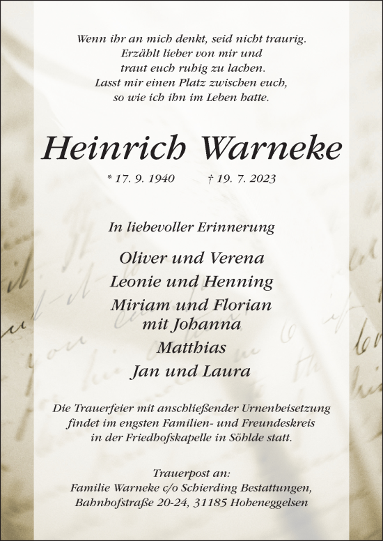 Traueranzeige von Heinrich Warneke von Hildesheimer Allgemeine Zeitung