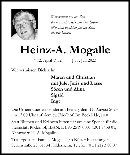 Traueranzeige von Heinz-A. Mogalle von Hildesheimer Allgemeine Zeitung