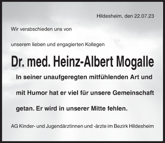 Traueranzeige von Heinz-Albert Mogalle von Hildesheimer Allgemeine Zeitung