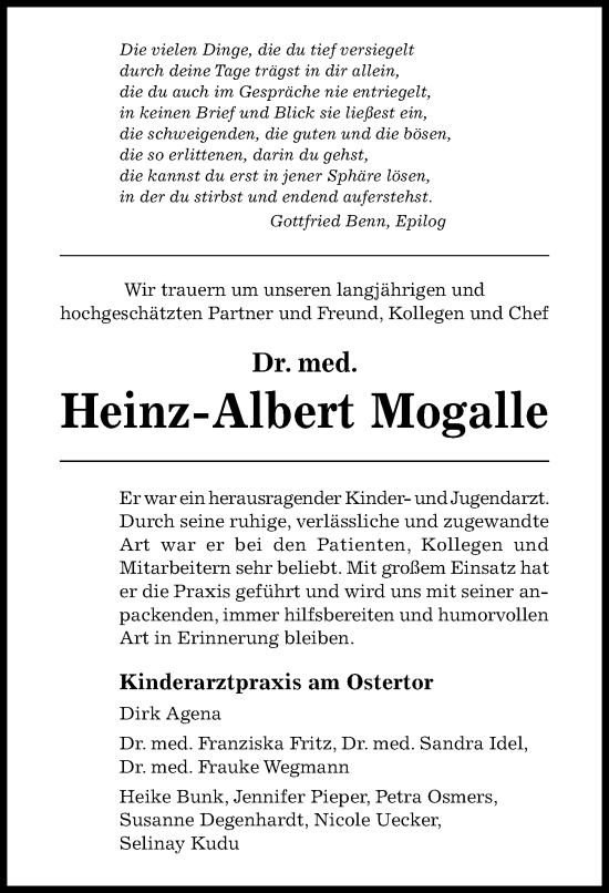 Traueranzeige von Heinz-Albert Mogalle von Hildesheimer Allgemeine Zeitung