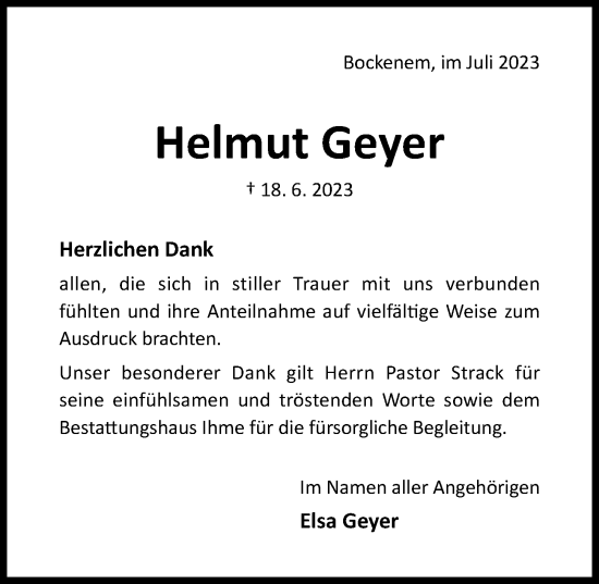 Traueranzeige von Helmut Geyer von Hildesheimer Allgemeine Zeitung