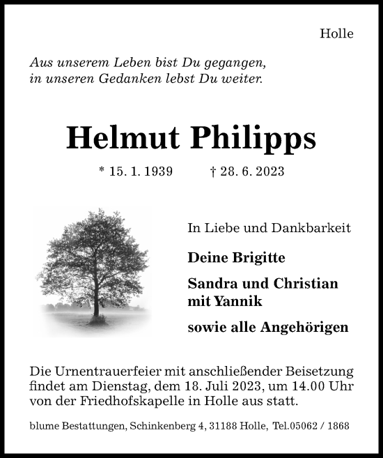 Traueranzeige von Helmut Philipps von Hildesheimer Allgemeine Zeitung