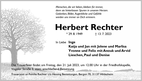 Traueranzeige von Herbert Rechter von Hildesheimer Allgemeine Zeitung