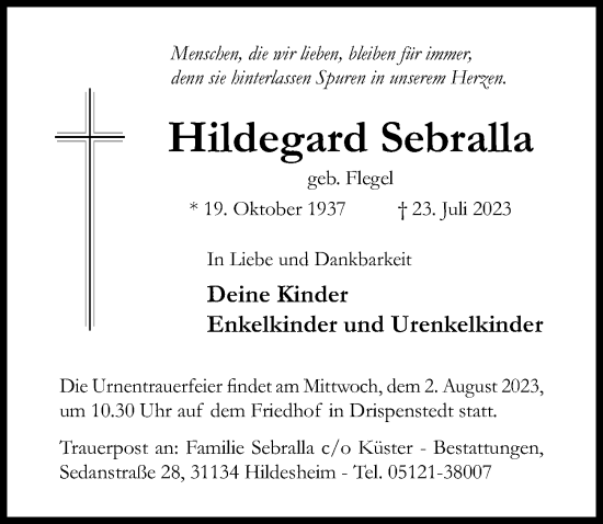 Traueranzeige von Hildegard Sebralla von Hildesheimer Allgemeine Zeitung