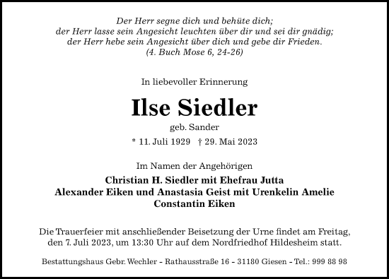 Traueranzeige von Ilse Siedler von Hildesheimer Allgemeine Zeitung