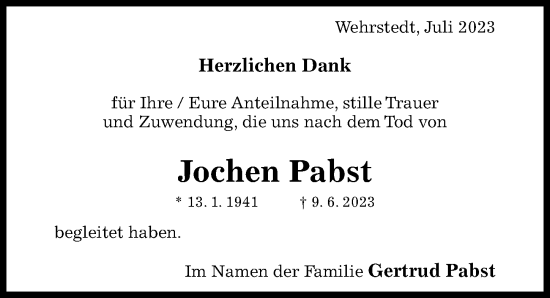 Traueranzeige von Jochen Pabst von Hildesheimer Allgemeine Zeitung