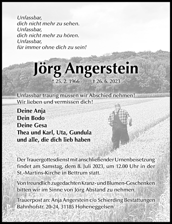 Traueranzeige von Jörg Angerstein von Hildesheimer Allgemeine Zeitung