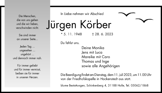 Traueranzeige von Jürgen Körber von Hildesheimer Allgemeine Zeitung