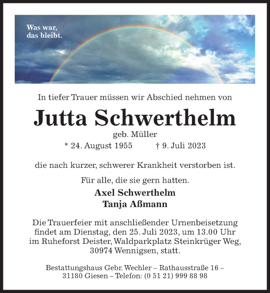 Traueranzeige von Jutta Schwerthelm von Hildesheimer Allgemeine Zeitung