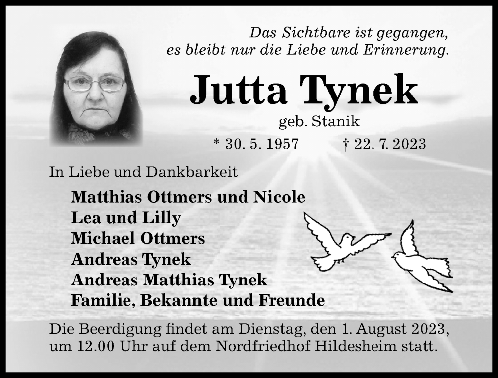  Traueranzeige für Jutta Tynek vom 29.07.2023 aus Hildesheimer Allgemeine Zeitung