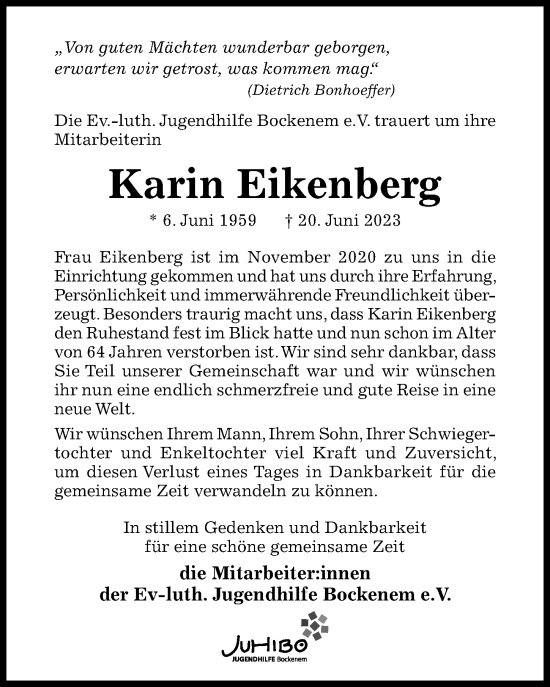 Traueranzeige von Karin Eikenberg von Hildesheimer Allgemeine Zeitung