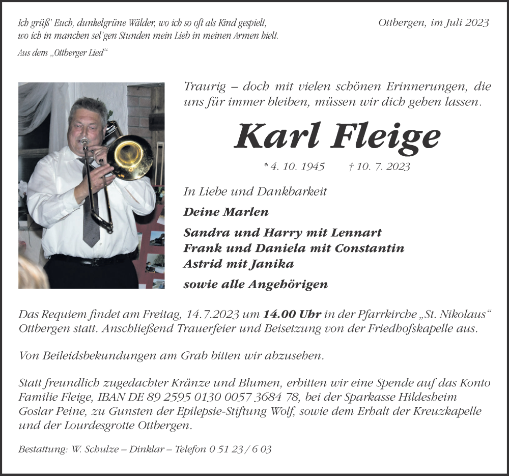  Traueranzeige für Karl Fleige vom 12.07.2023 aus Hildesheimer Allgemeine Zeitung