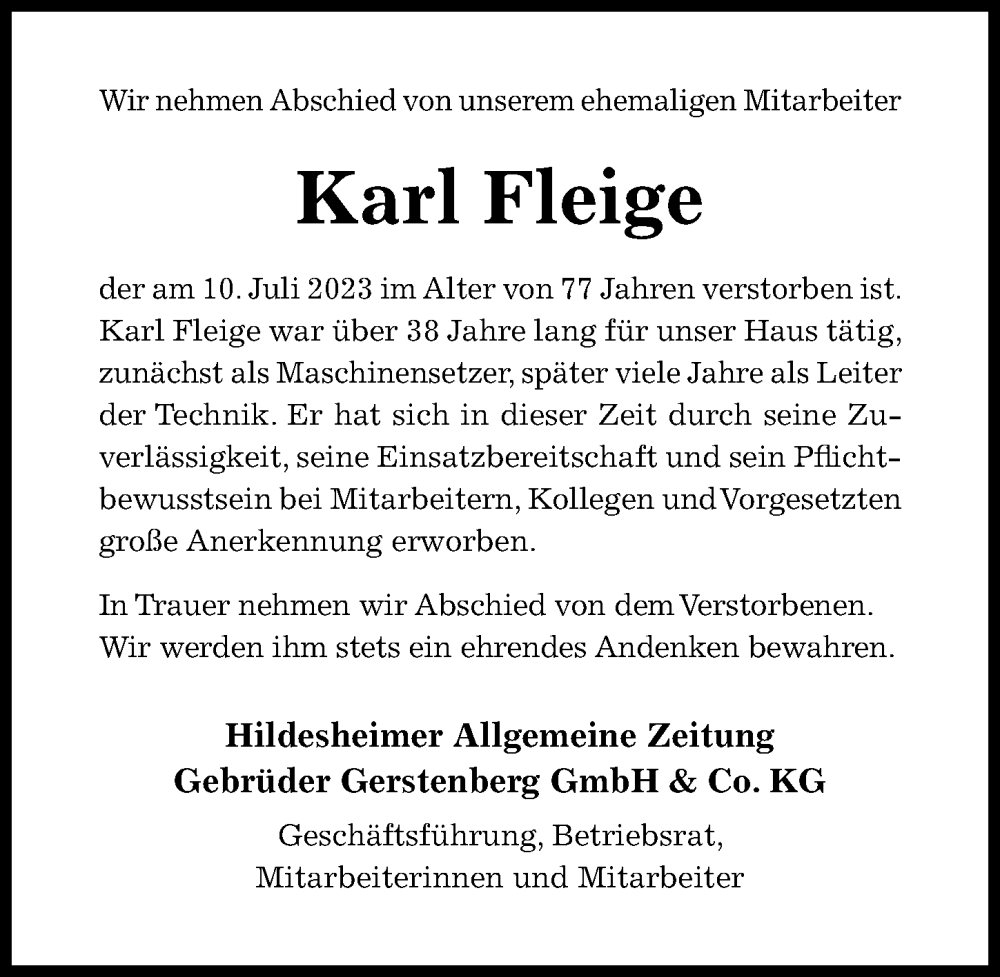  Traueranzeige für Karl Fleige vom 12.07.2023 aus Hildesheimer Allgemeine Zeitung