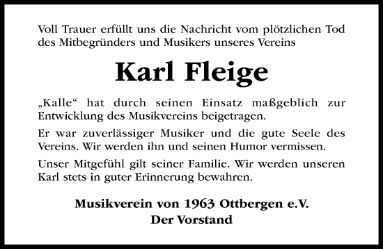 Traueranzeige von Karl Fleige von Hildesheimer Allgemeine Zeitung