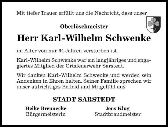 Traueranzeige von Karl-Wilhelm Schwenke von Hildesheimer Allgemeine Zeitung