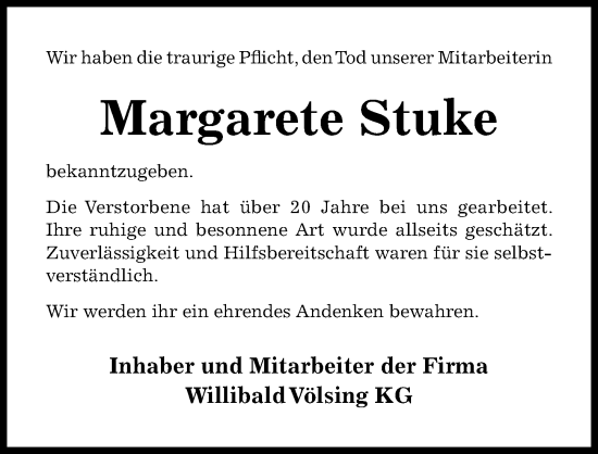 Traueranzeige von Margarete Stuke von Hildesheimer Allgemeine Zeitung