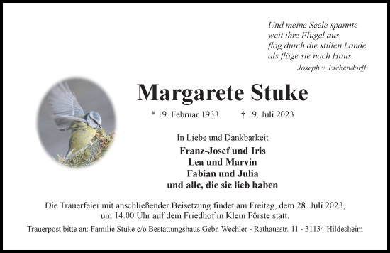 Traueranzeige von Margarete Stuke von Hildesheimer Allgemeine Zeitung