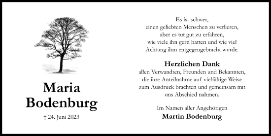 Traueranzeige von Maria Bodenburg von Hildesheimer Allgemeine Zeitung