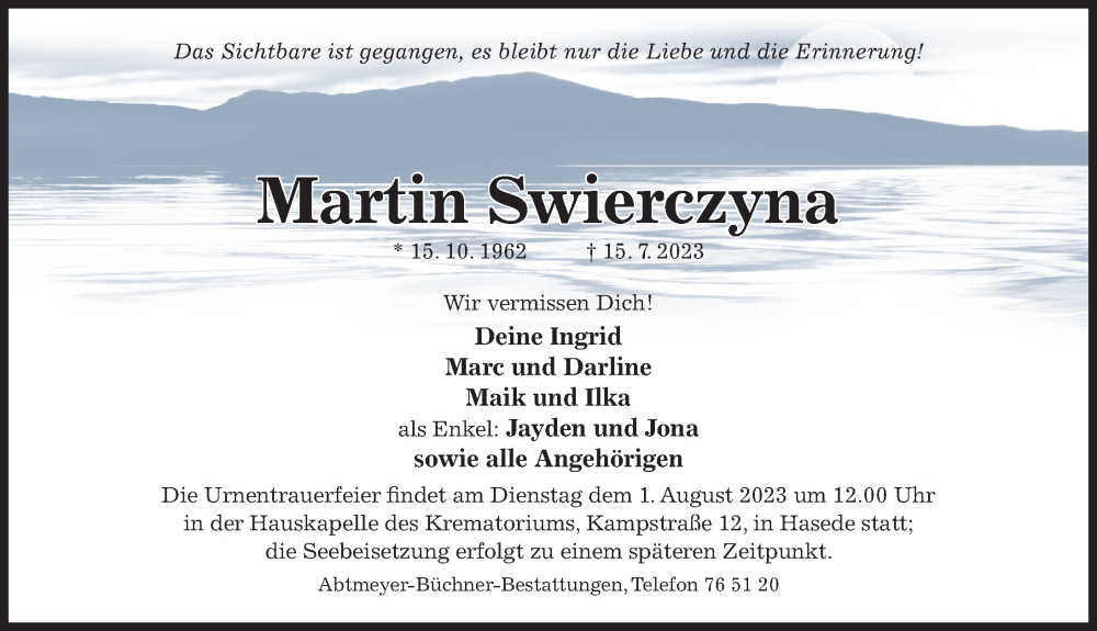  Traueranzeige für Martin Swierczyna vom 26.07.2023 aus Hildesheimer Allgemeine Zeitung