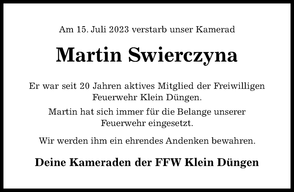  Traueranzeige für Martin Swierczyna vom 26.07.2023 aus Hildesheimer Allgemeine Zeitung