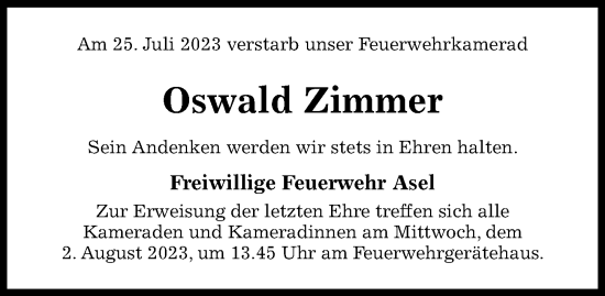 Traueranzeige von Oswald Zimmer von Hildesheimer Allgemeine Zeitung