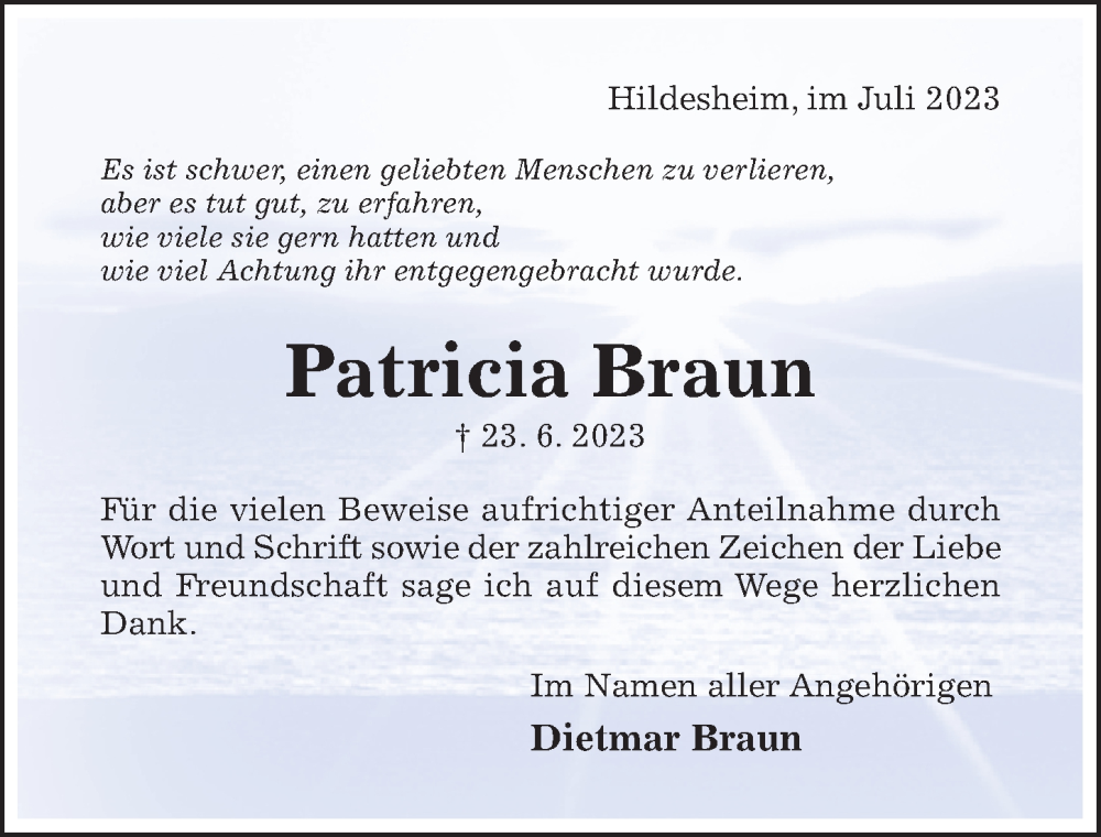  Traueranzeige für Patricia Braun vom 26.07.2023 aus Hildesheimer Allgemeine Zeitung