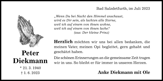 Traueranzeige von Peter Diekmann von Hildesheimer Allgemeine Zeitung