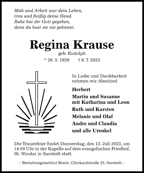 Traueranzeige von Regina Krause von Hildesheimer Allgemeine Zeitung